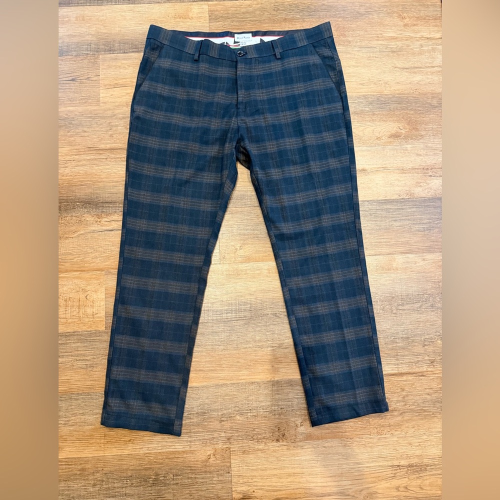 Dulce Roma Mens 38x32 Plaid Dress Pants Navy Gray Brown Stretch Chinos 38 x 32